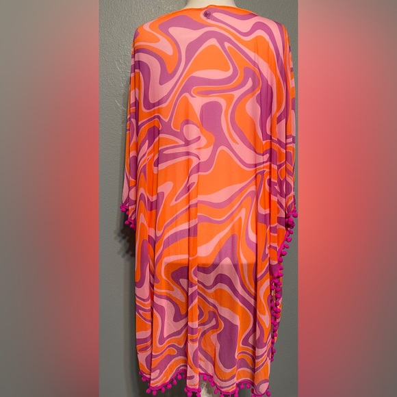 Body Glove Beach Cover Up Dress Orange Pink Psychedelic Pom Pom Trim Mod Large - Picture 3 of 7